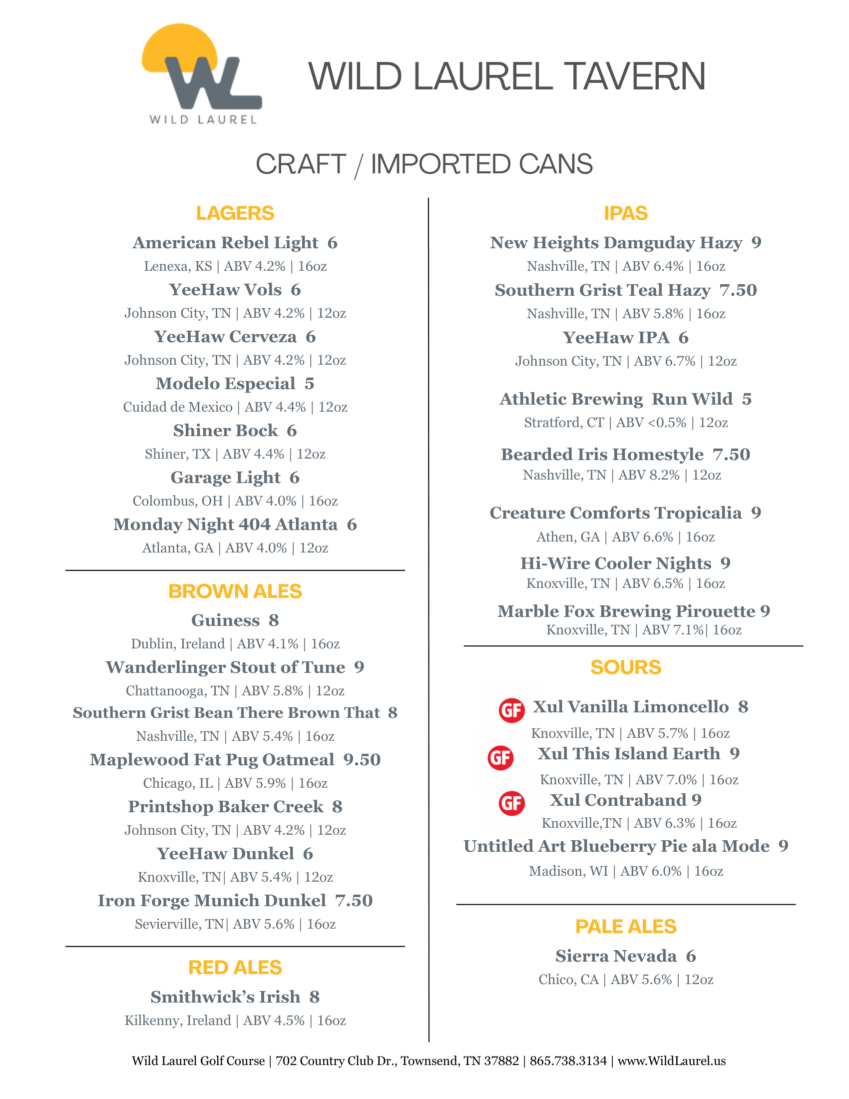 WILD LAUREL TAVERN Menu - CRAFT / IMPORTED CANS - 